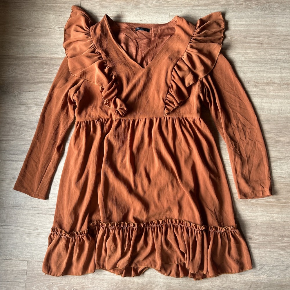 Shein Curve Rust Brown Ruffle V-Neck Long Sleeve Dress